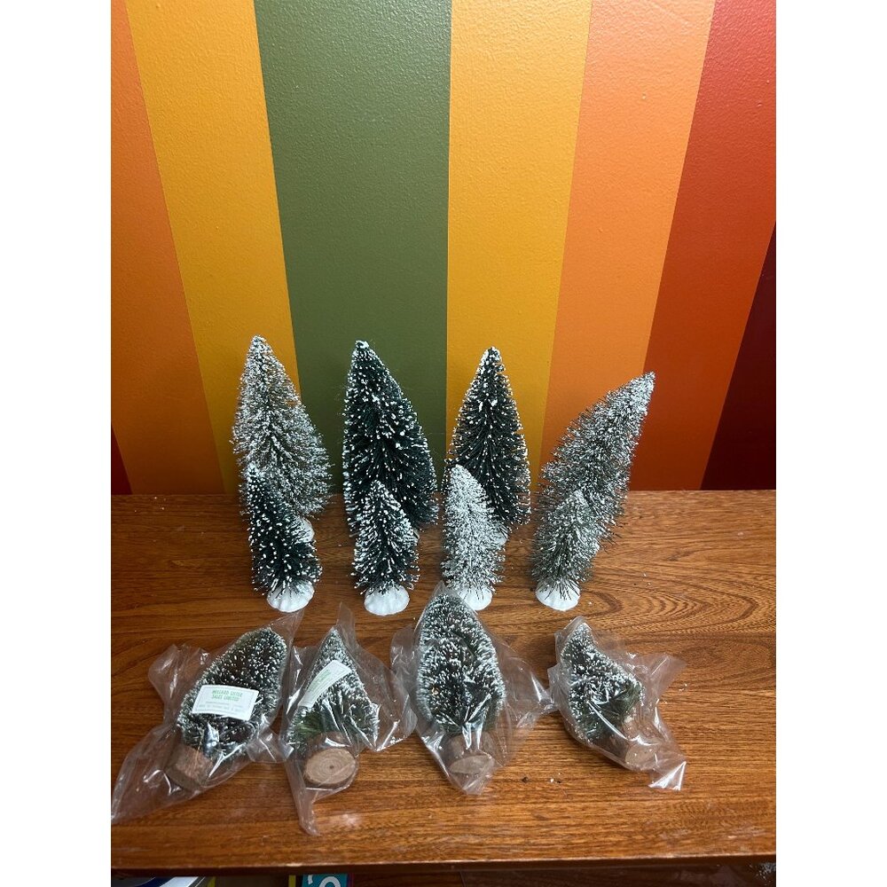Flocked mini bottle brush Christmas trees house village - set of 12